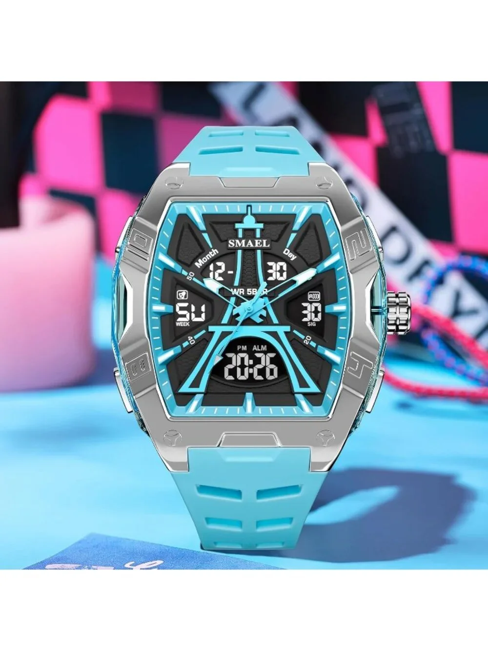 Men's Sky Blue Analog Quartz Waterproof Sports Classic Square LED Digital Watch